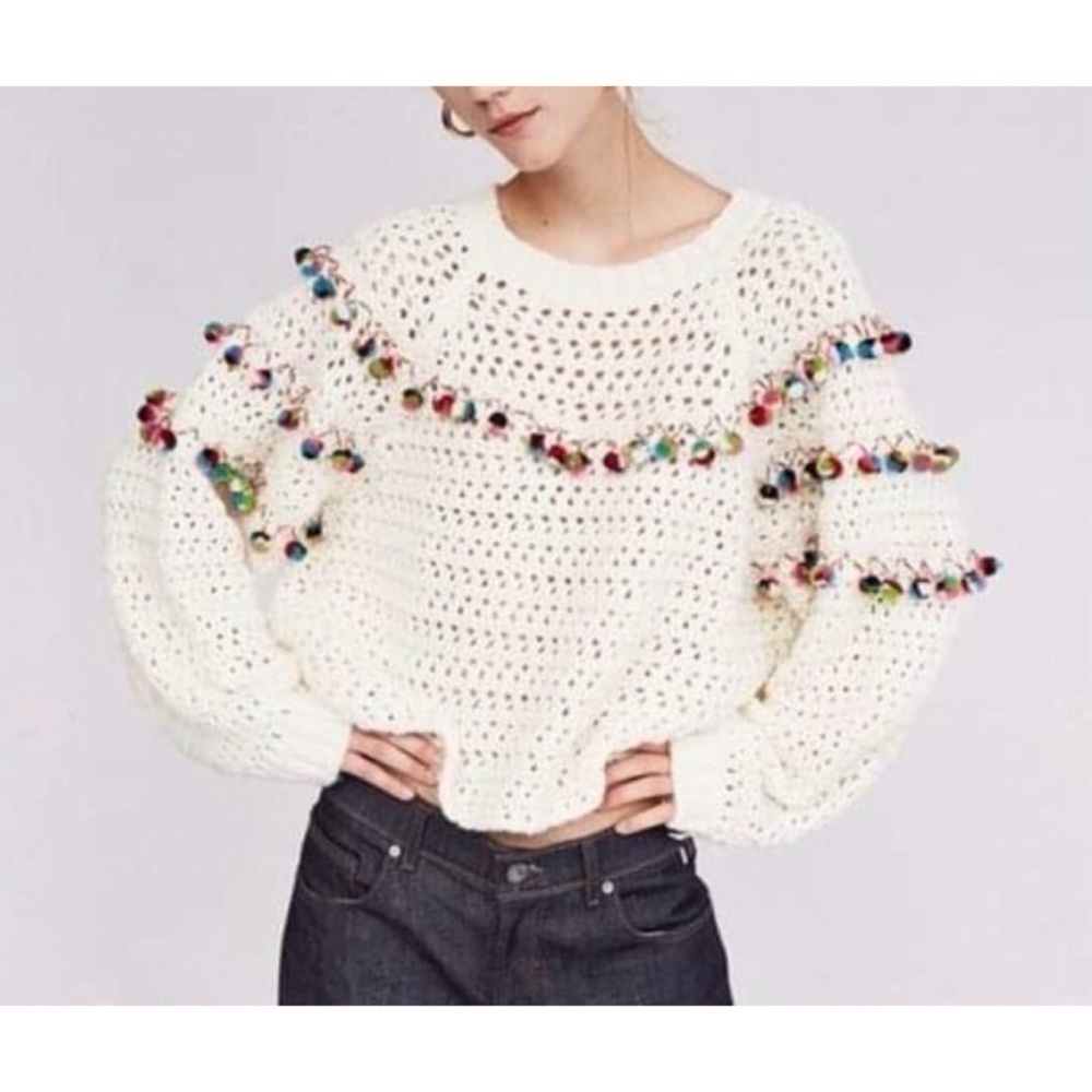 Zara Pom Pom Oversized Knit Sweater Cream